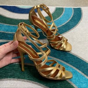 BCBGMaxAzria gold leather strappy square-toe heels